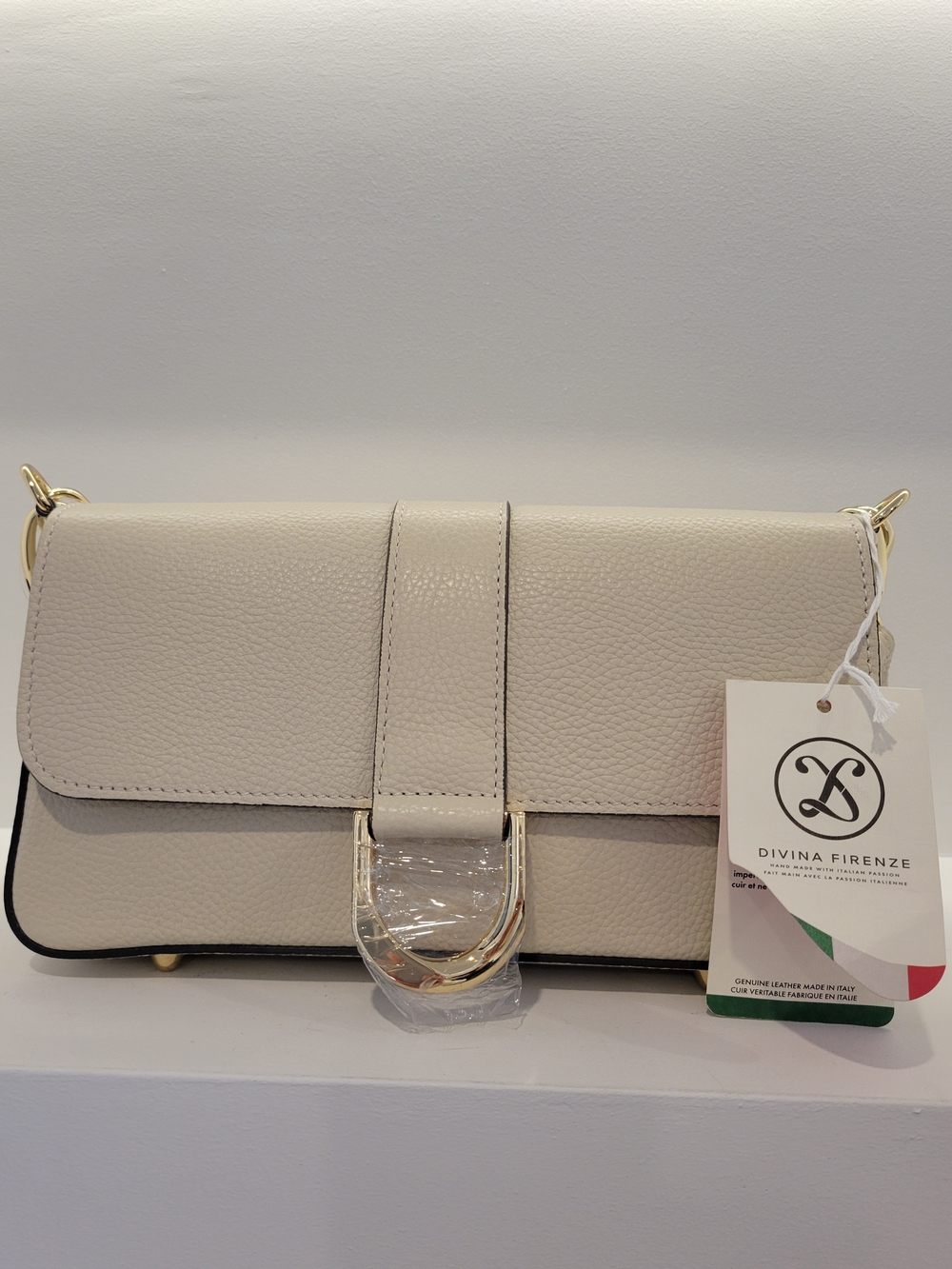 Dovina Firenze Ivory Leather Convertible Crossbody Bag with Gold Hardware